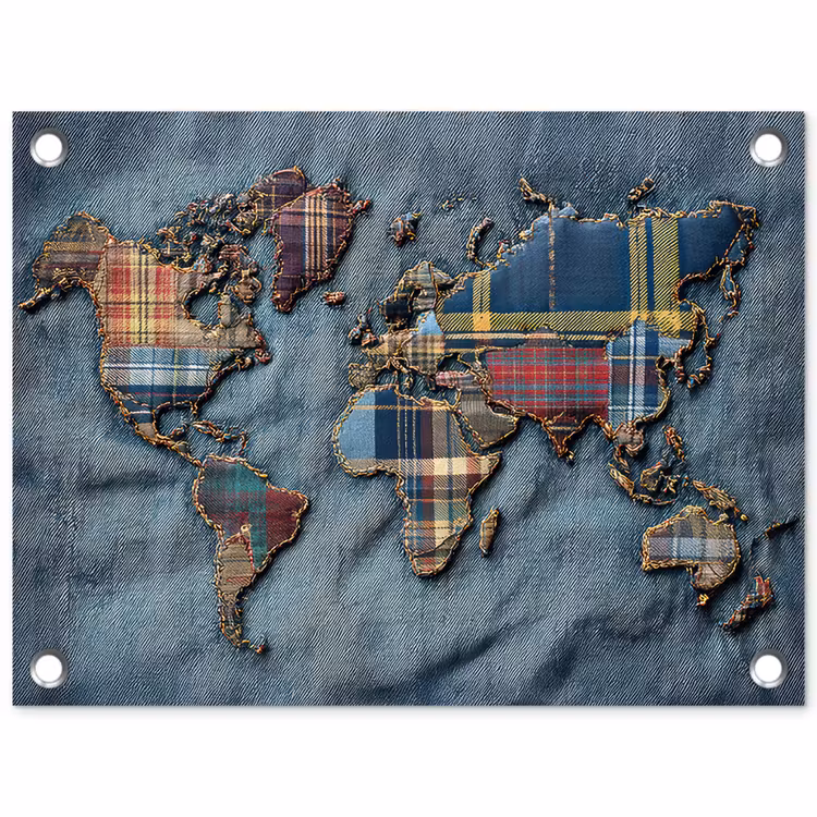 Tuinposter - Wereldkaart - Denim - Textiel — 1