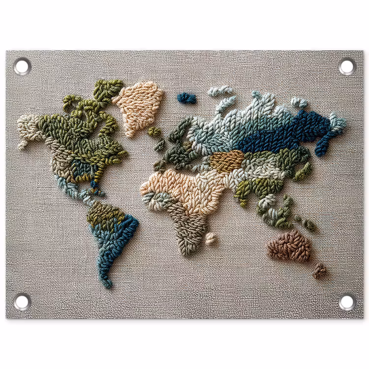 Tuinposter - Wereldkaart - Geborduurd - Aardetinten — 1