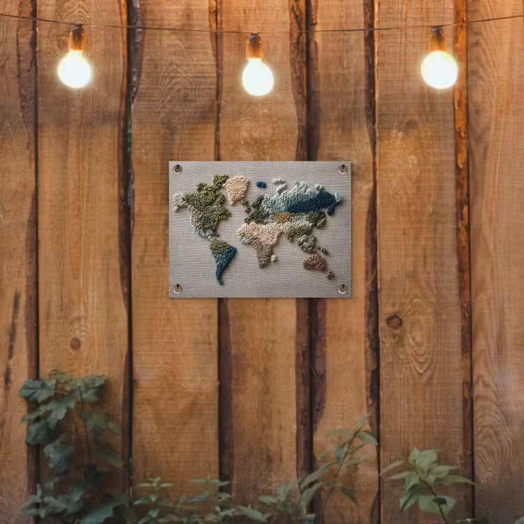Tuinposter - Wereldkaart - Geborduurd - Aardetinten — 2
