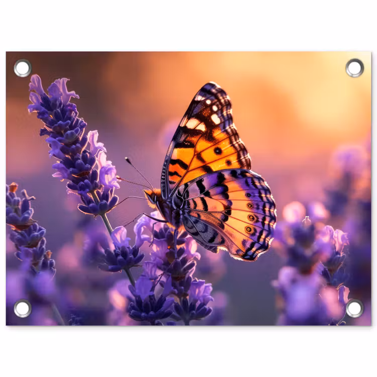 Tuinposter - Vlinder op lavendel bij zonsondergang — 1