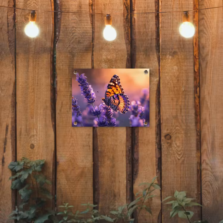 Tuinposter - Vlinder op lavendel bij zonsondergang — 2