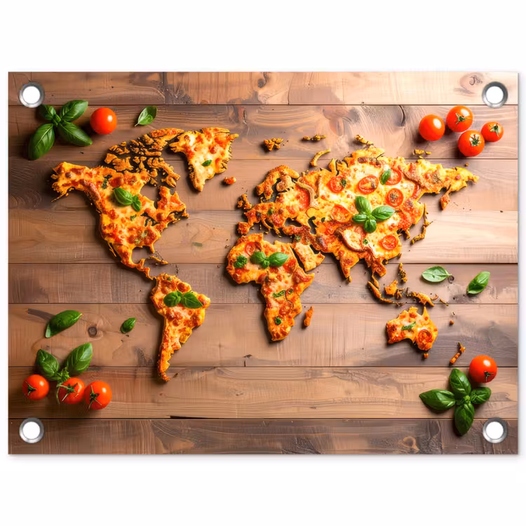 Tuinposter - Wereldkaart - Pizza - Houten ondergrond — 1