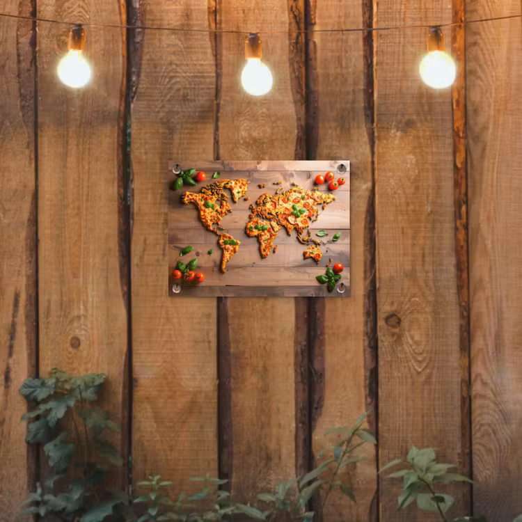 Tuinposter - Wereldkaart - Pizza - Houten ondergrond — 2