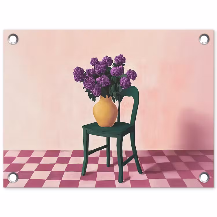 Tuinposter - Stoel - Vaas - Bloemen - Geblokt — 1