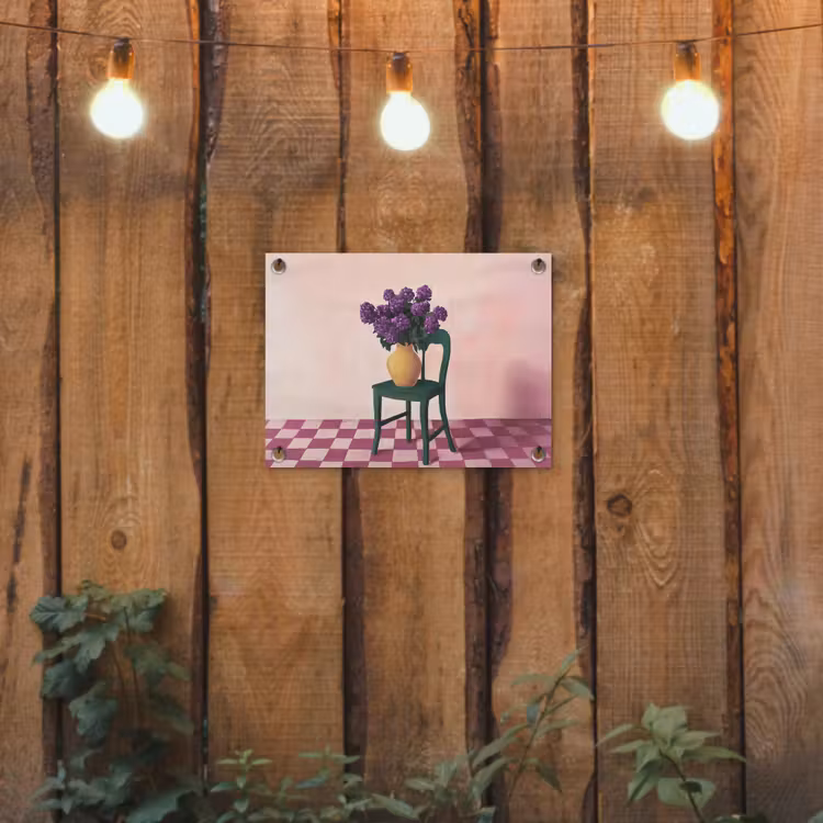 Tuinposter - Stoel - Vaas - Bloemen - Geblokt — 2