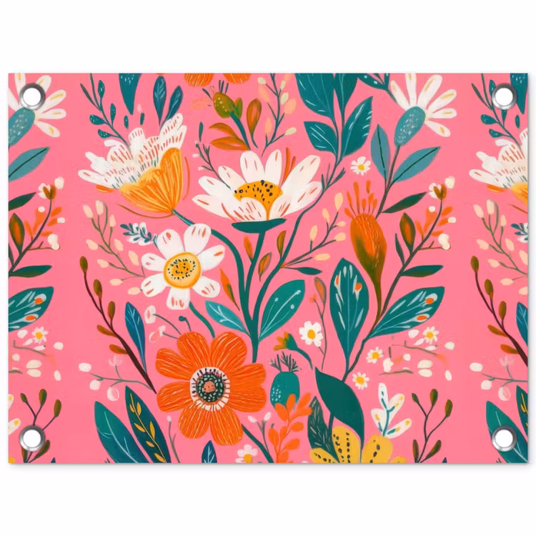 Tuinposter - Roze - Bloemen - Wit - Oranje — 1