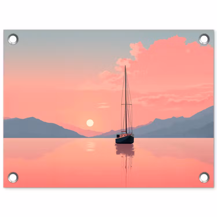 Tuinposter - Zeilboot - Roze zee - Zonsondergang - Bergen — 1