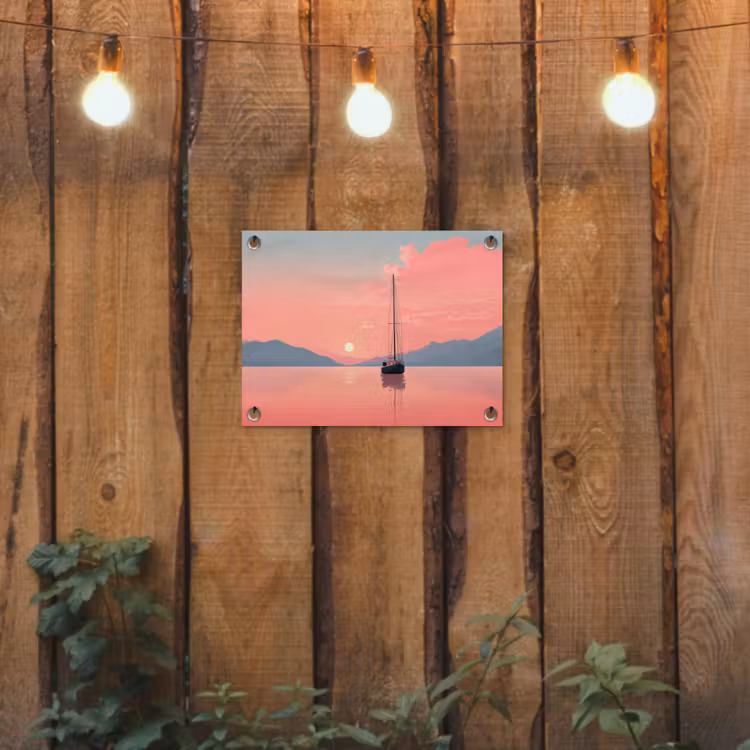 Tuinposter - Zeilboot - Roze zee - Zonsondergang - Bergen — 2