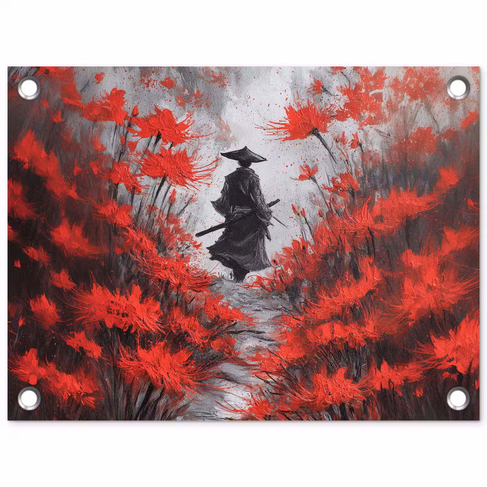 Tuinposter - Rode bloemen - mistig - Man — 1