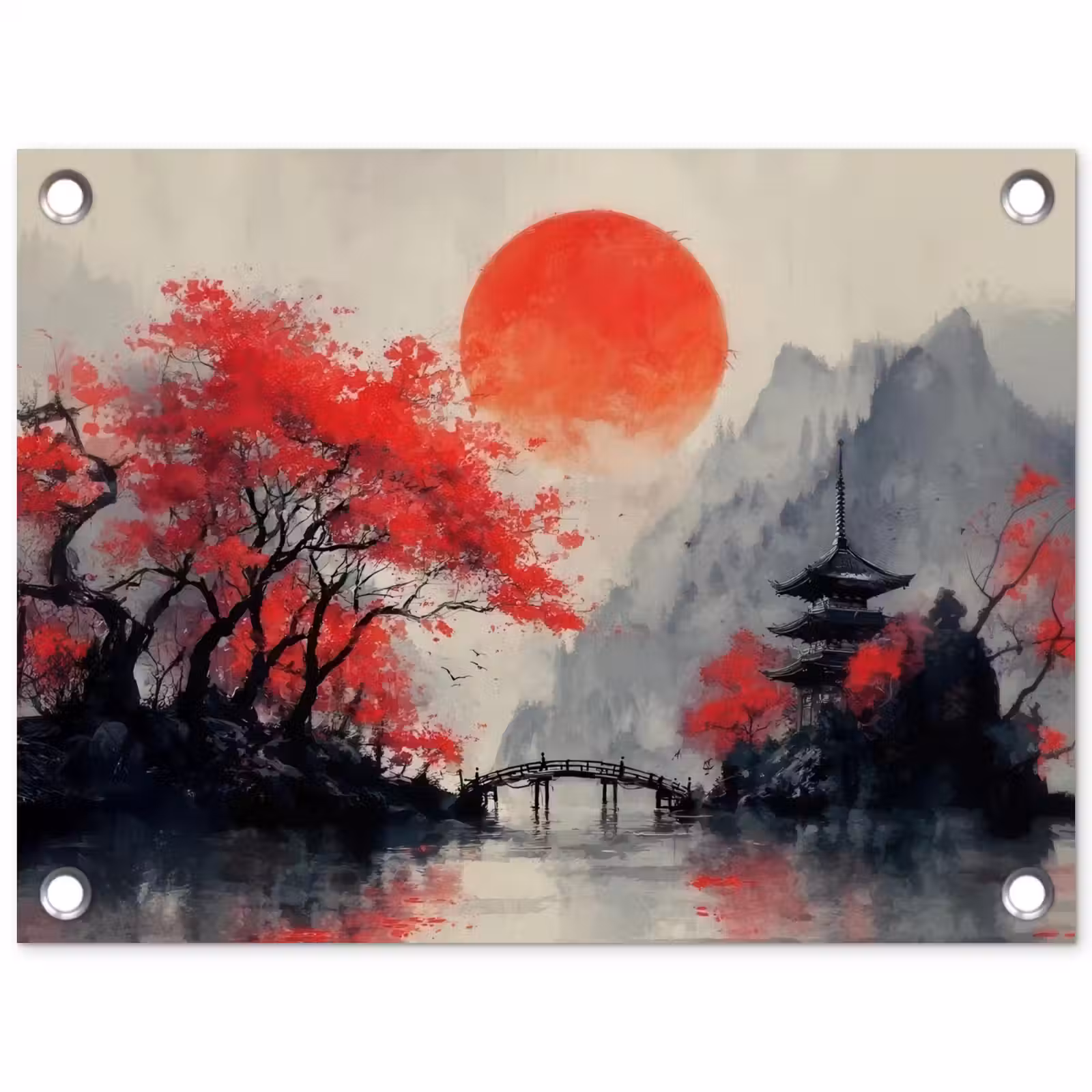 Tuinposter - Rode zon - Rivier - brug - Bomen — 1