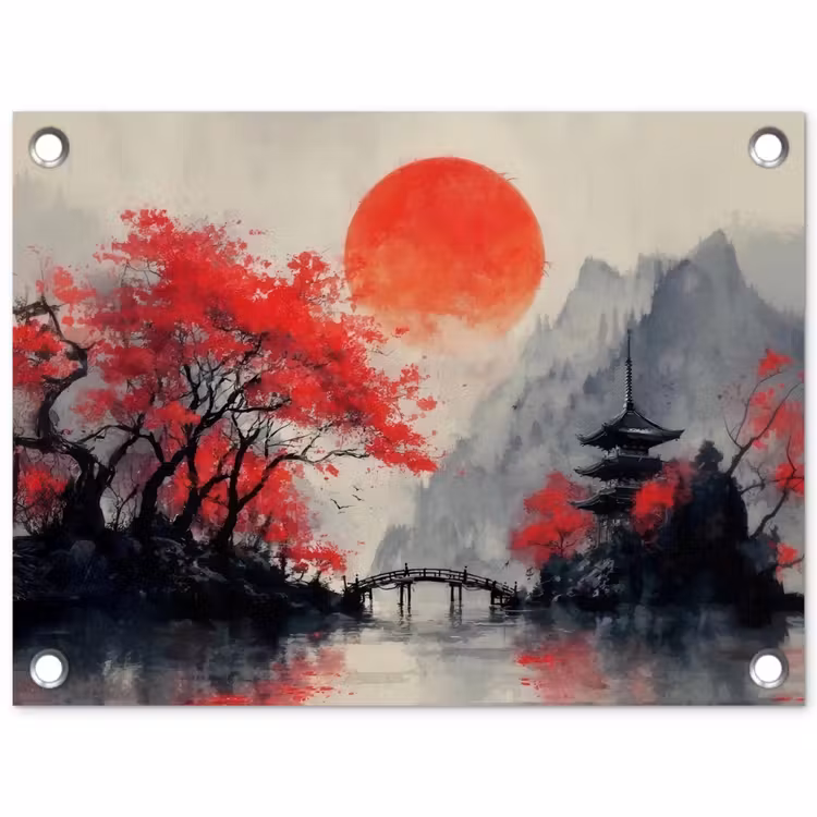 Tuinposter - Rode zon - Rivier - brug - Bomen — 1