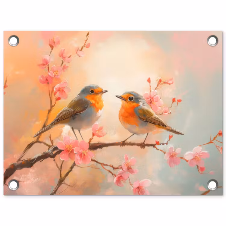 Tuinposter - Roodborstjes - Sierlijk - Bloesemtak — 1