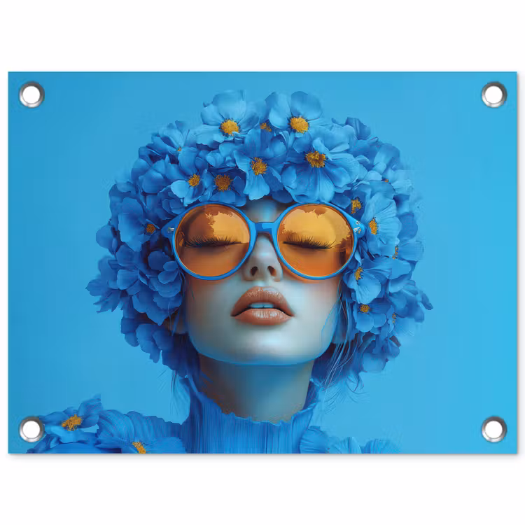 Tuinposter - Vrouw - Bloem - Blauw - Modern - Bril - Portret — 1