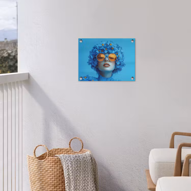 Tuinposter - Vrouw - Bloem - Blauw - Modern - Bril - Portret — 3