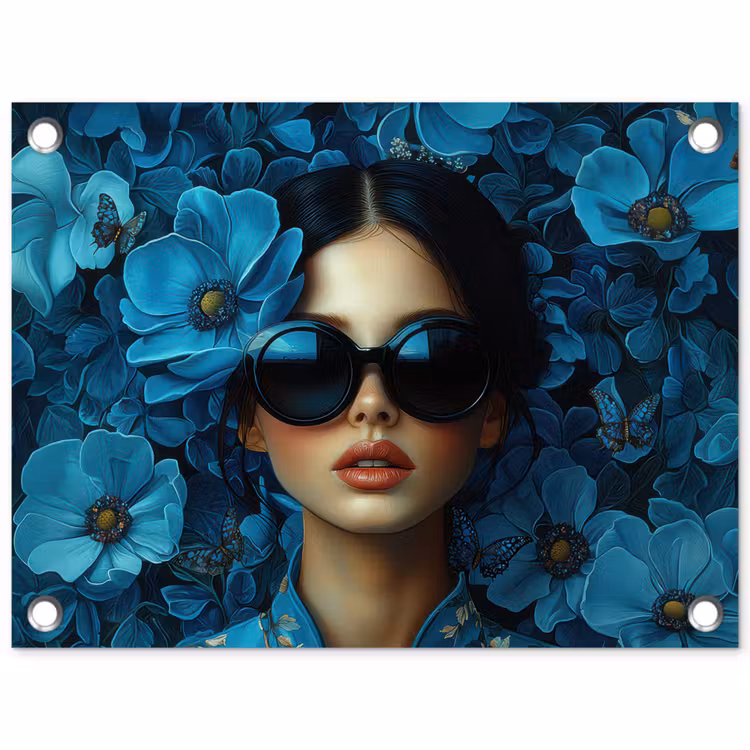 Tuinposter - Vrouw - Bloemen - Blauw - Aesthetic - Luxe — 1