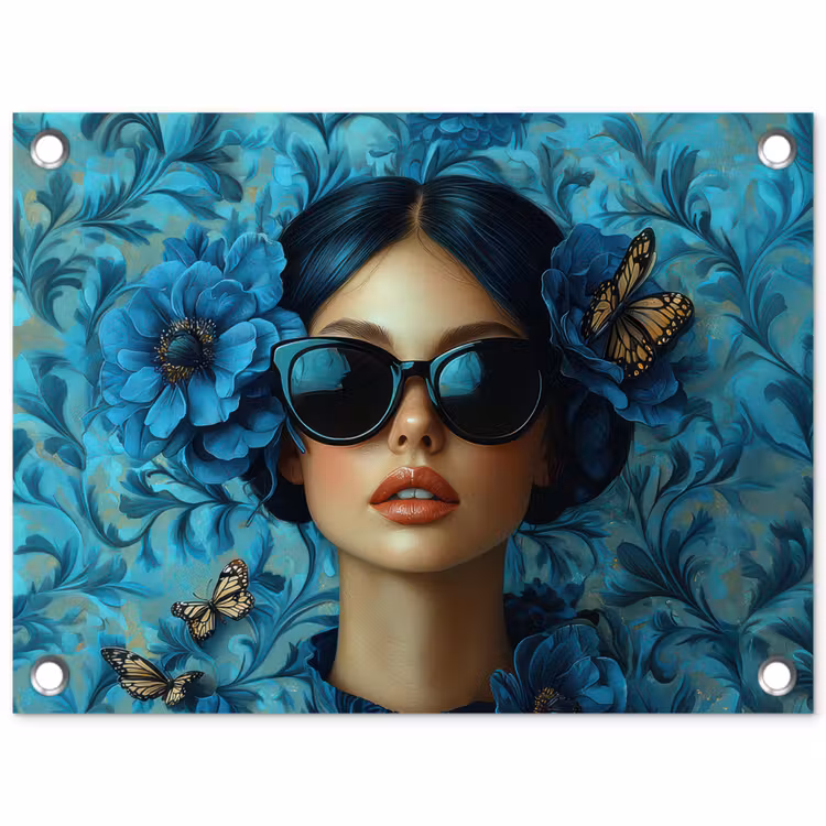 Tuinposter - Vrouw - Bloemen - Vlinders - Blauw - Abstract — 1