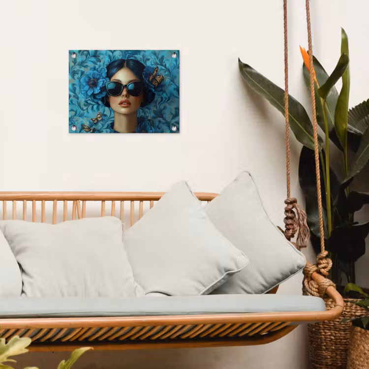 Tuinposter - Vrouw - Bloemen - Vlinders - Blauw - Abstract — 5