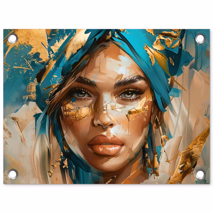Tuinposter - Vrouw - Portret - Goud - Luxe - Blauw — 1