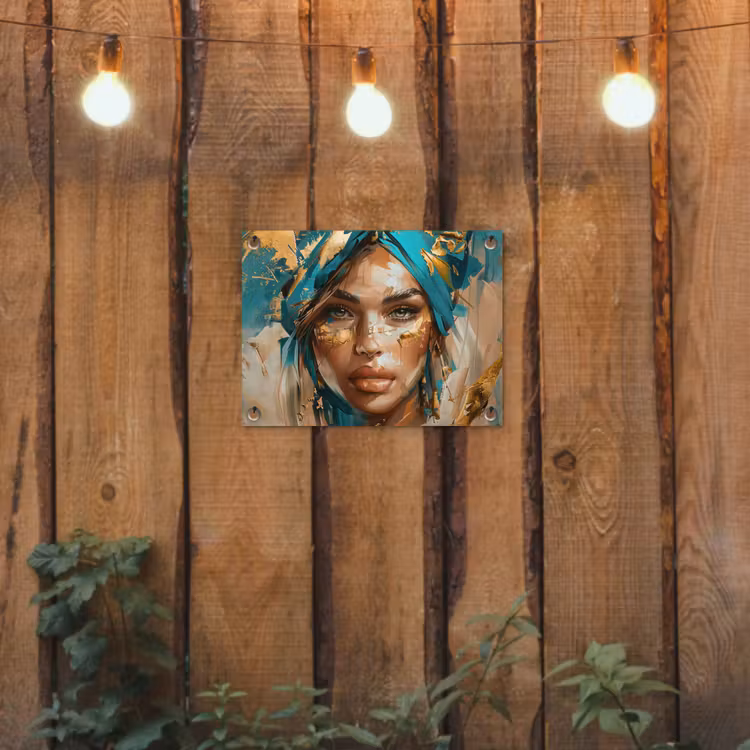 Tuinposter - Vrouw - Portret - Goud - Luxe - Blauw — 2