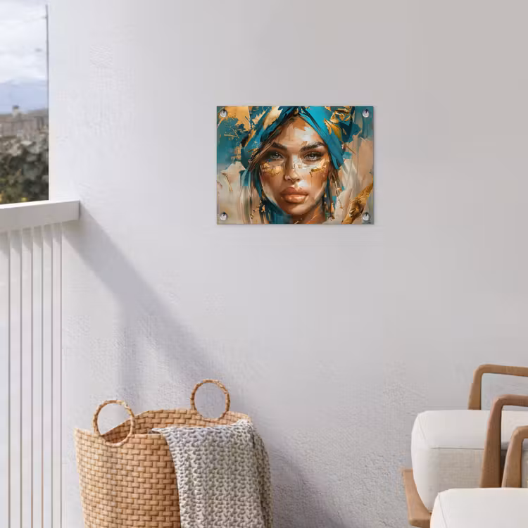 Tuinposter - Vrouw - Portret - Goud - Luxe - Blauw — 3