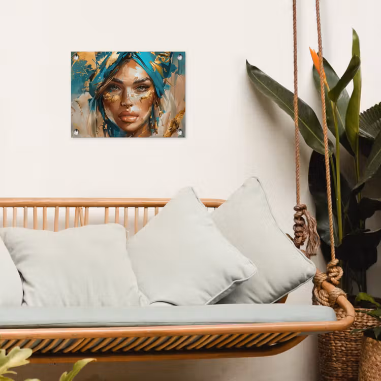 Tuinposter - Vrouw - Portret - Goud - Luxe - Blauw — 5