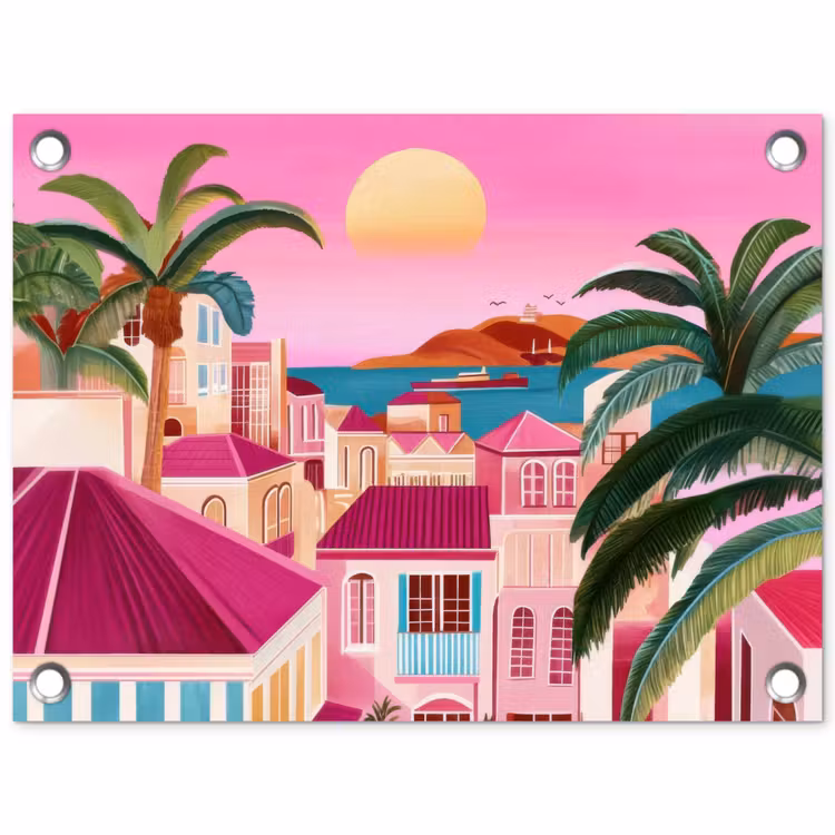 Tuinposter - Stad - Roze - Palmbomen — 1