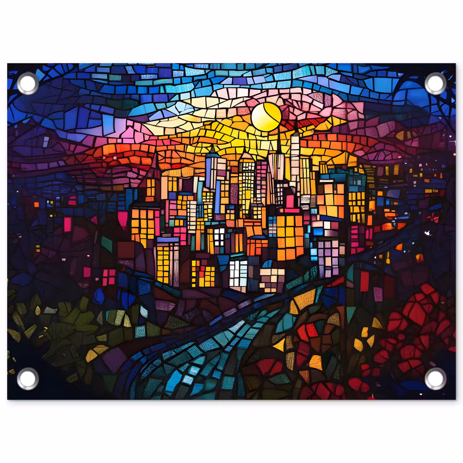 Tuinposter - Stad - Maan - Mozaïek - Kleurrijk — 1