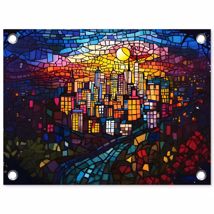 Tuinposter - Stad - Maan - Mozaïek - Kleurrijk — 1