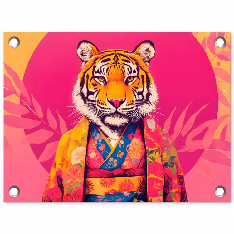 Tuinposter - Tijger - Kimono - Planten - Roze — 1