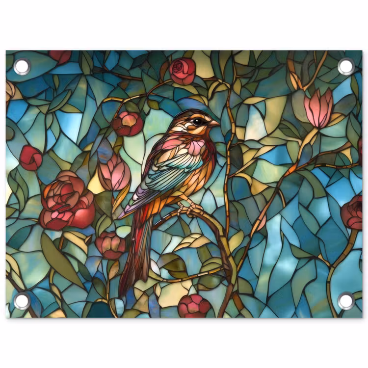 Tuinposter - Vogel - Tak - Rozen - Mozaïek — 1
