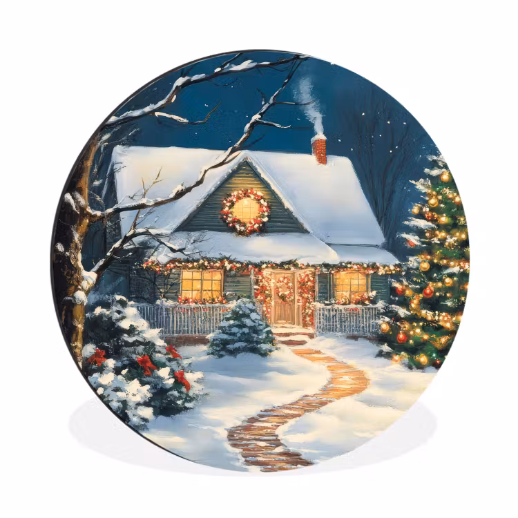 Wandcirkel - Aluminium - Kerst - Kerstboom - Winter - Huis - Sneeuw — 1