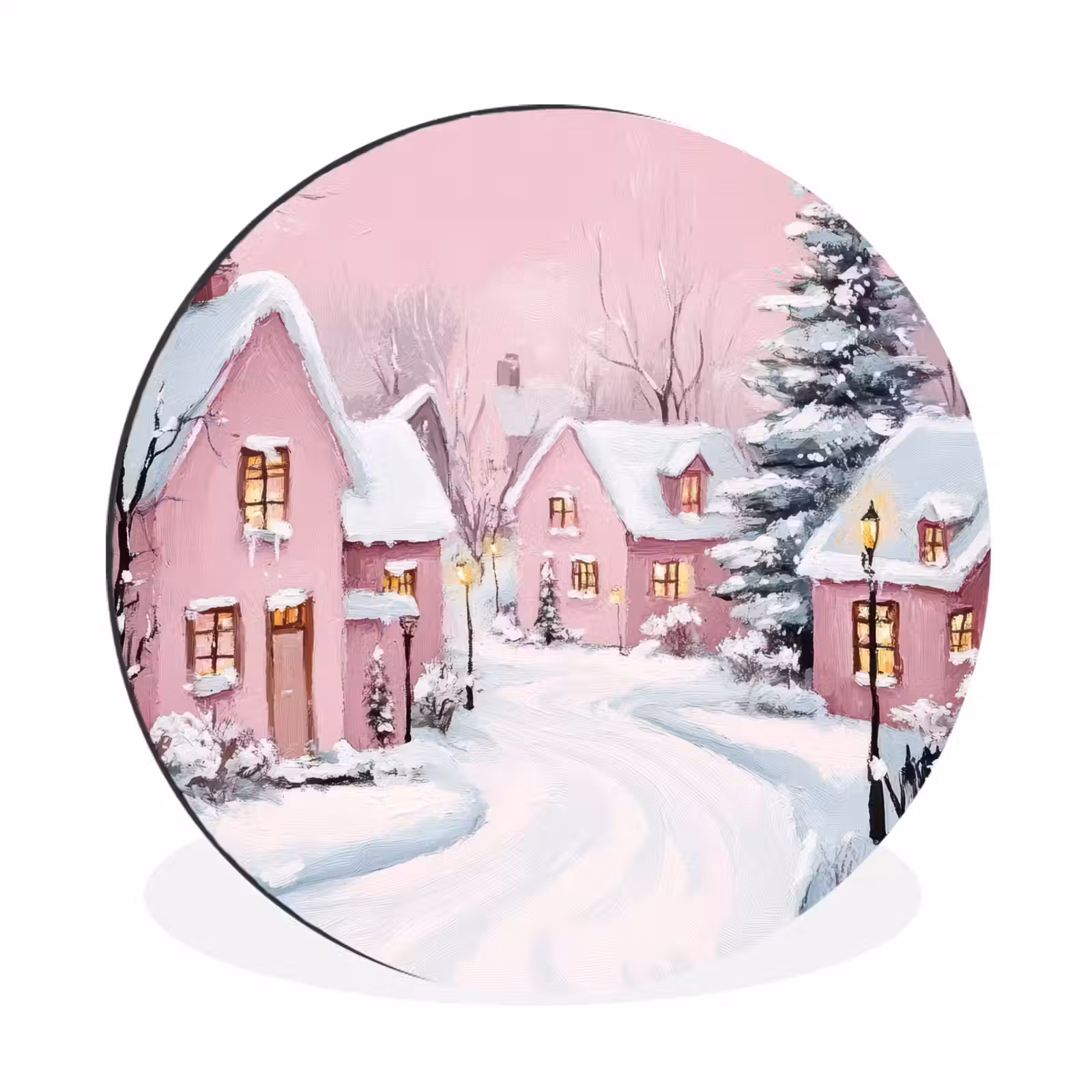 Wandcirkel - Aluminium - Kerstdorp - Roze - Winter - Sneeuw - Huizen — 1