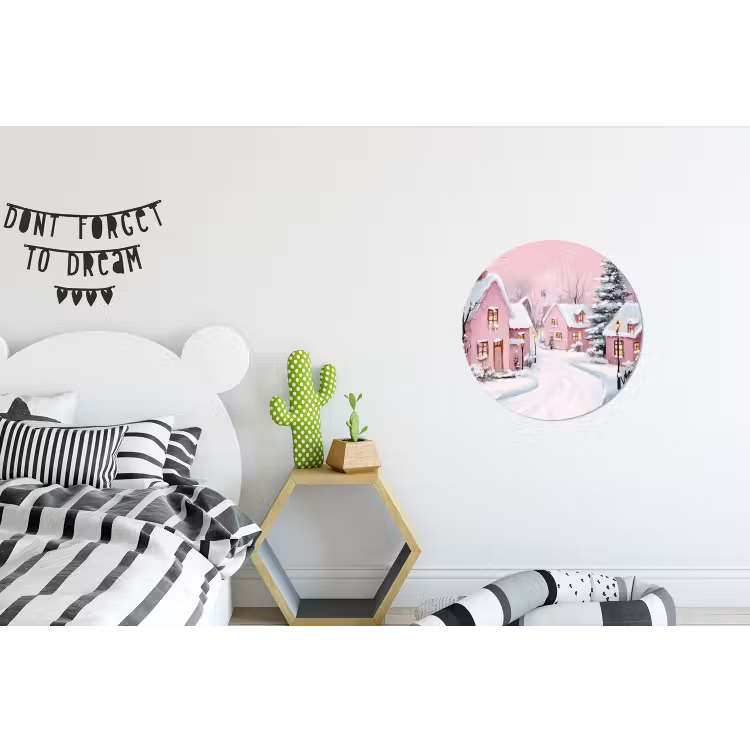 Wandcirkel - Aluminium - Kerstdorp - Roze - Winter - Sneeuw - Huizen — 5