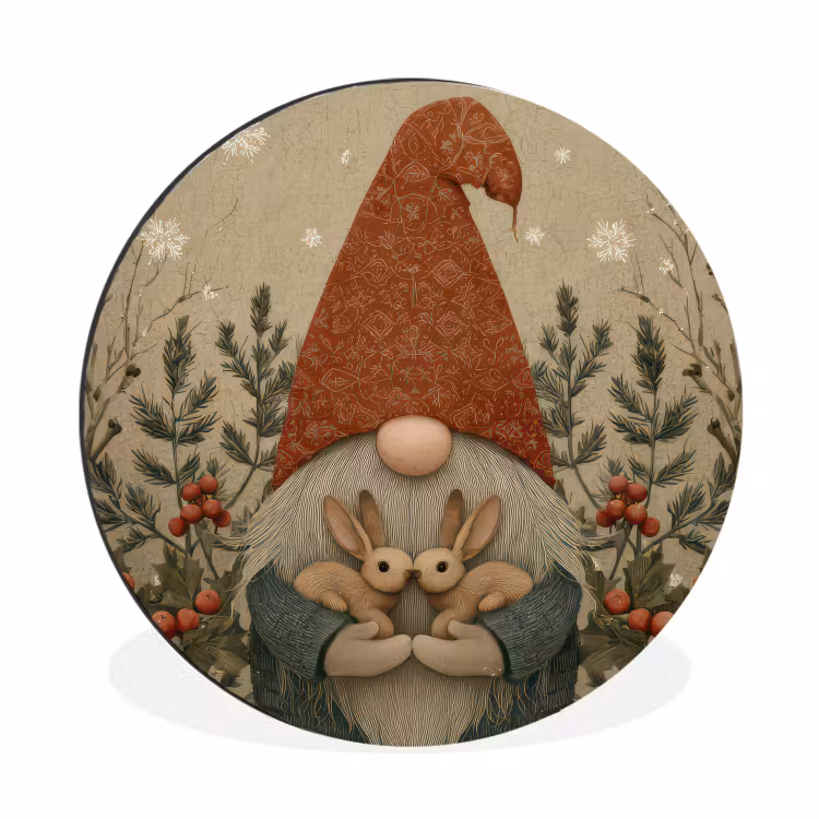 Wandcirkel - Aluminium - Kerstgnome - Konijntjes - Kleurrijk — 1
