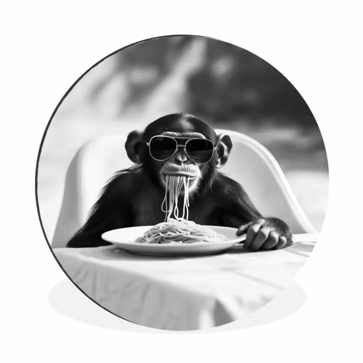Wandcirkel - Aluminium - Aap - Spaghetti - Zonnebril - Zwart wit - Cool - Dier — 1