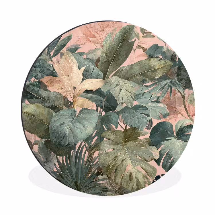 Wandcirkel - Aluminium - Compositie van bladeren - Groen - Roze — 1
