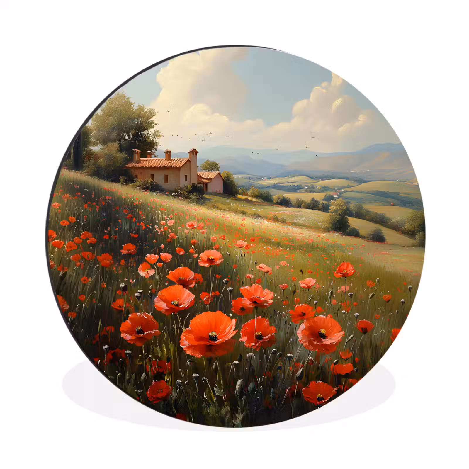 Wandcirkel - Aluminium - Klaprozen - Rood - Heuvels - Landschap — 1