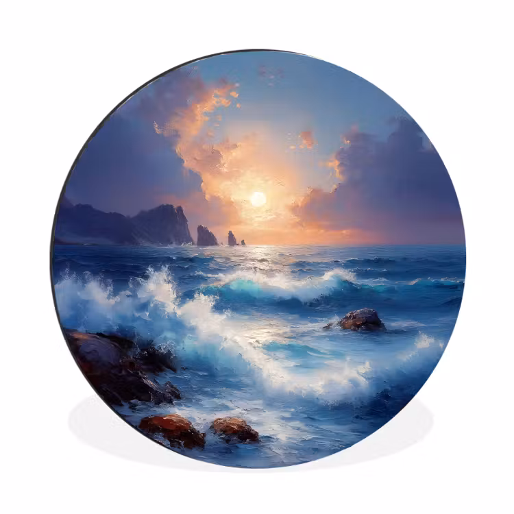 Wandcirkel - Aluminium - Golven - Zee - Kleurrijk - Rotsen — 1