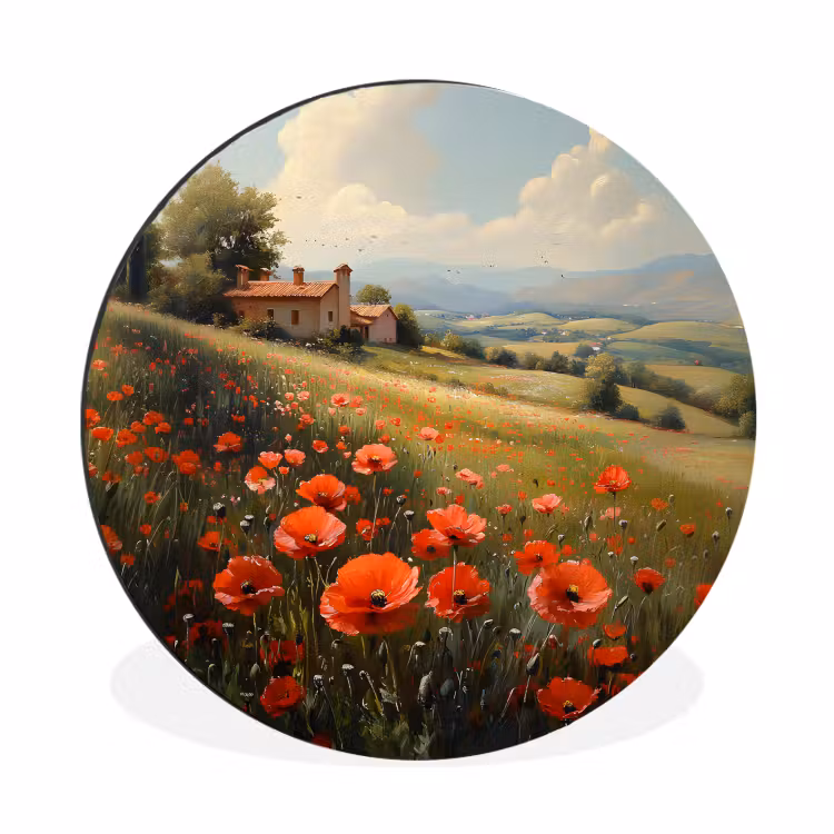 Wandcirkel - Aluminium - Klaprozen - Rood - Heuvels - Landschap — 1