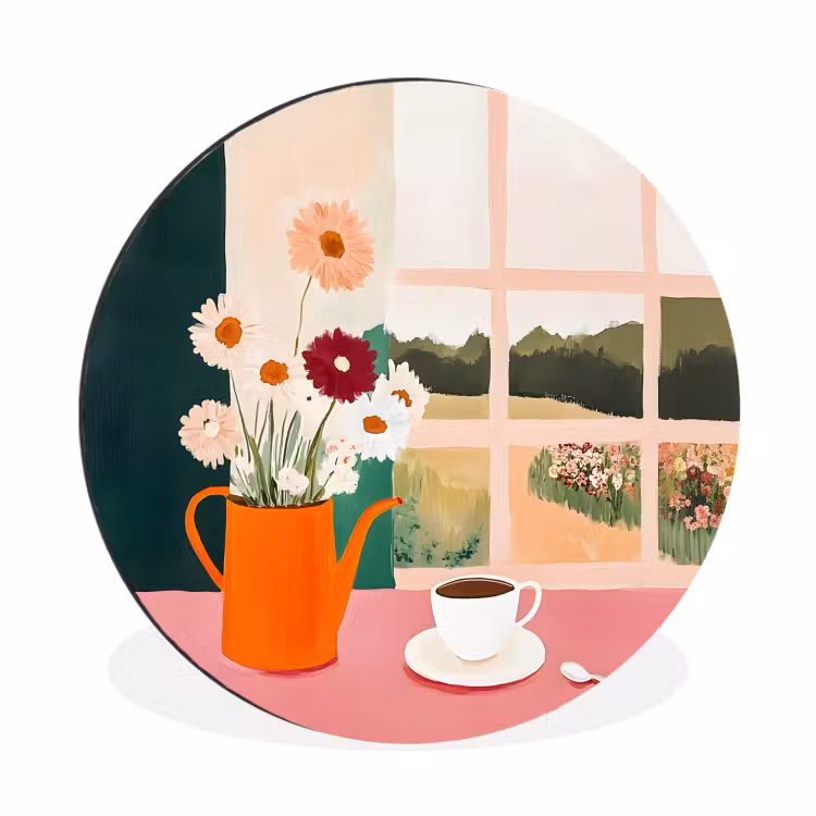Wandcirkel - Aluminium - Bloemen - Koffie - Raam — 1