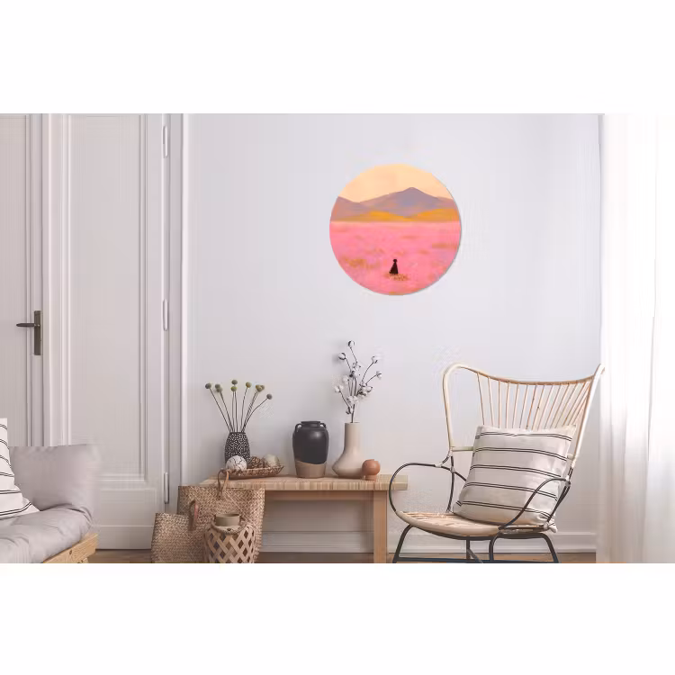 Wandcirkel - Aluminium - Bloemenweide - Heuvels - Silhouet - Roze — 2