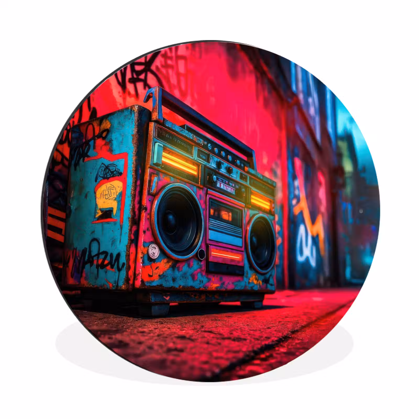 Wandcirkel - Aluminium - Boombox - Rood - Graffiti - Neon — 1