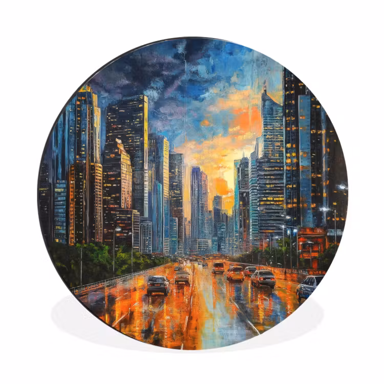 Wandcirkel - Aluminium - Auto - Skyline - Zon - Blauw — 1