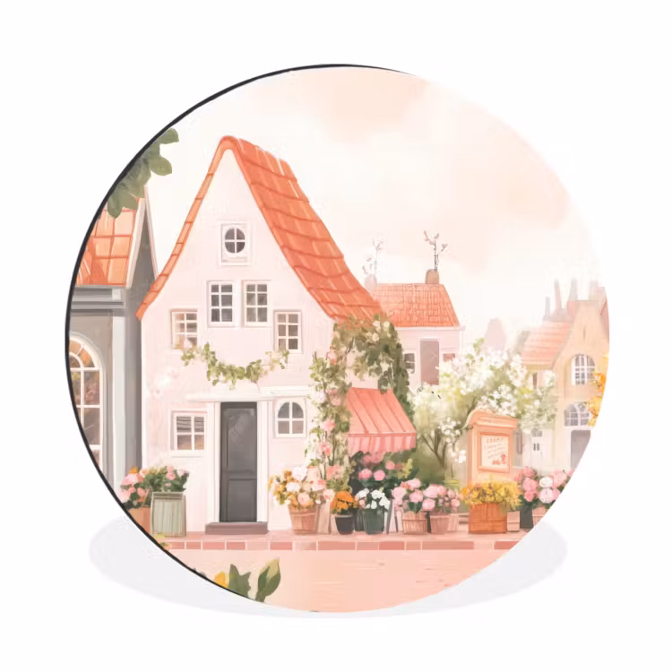 Wandcirkel - Aluminium - Bloemen - Huizen - Dorp — 1