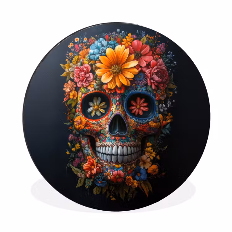 Wandcirkel - Aluminium - Bloemen - Kleurrijk - Schedel — 1