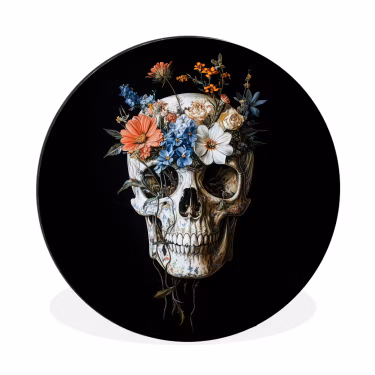Wandcirkel - Aluminium - Bloemen - Schedel - Kleurrijk — 1