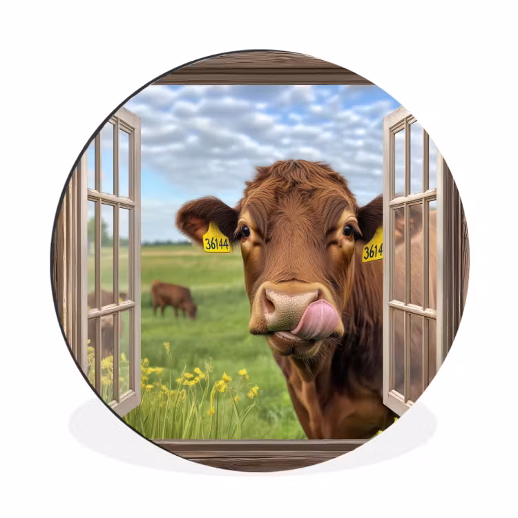 Wandcirkel - Aluminium - Doorkijk - Koe - Weiland - Landschap - Dieren — 1