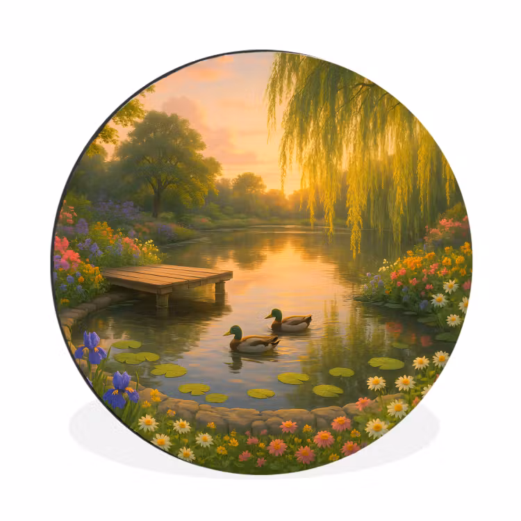 Wandcirkel - Aluminium - Eenden - Vijver - Bloemen — 1