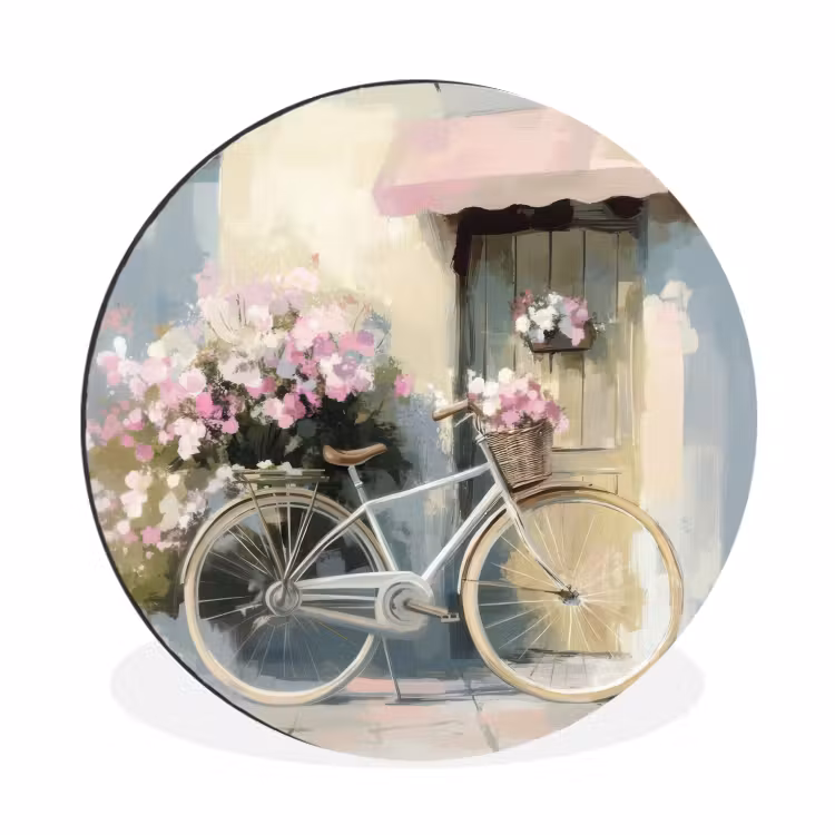 Wandcirkel - Aluminium - Fiets - Pastelkleuren - Bloemen — 1