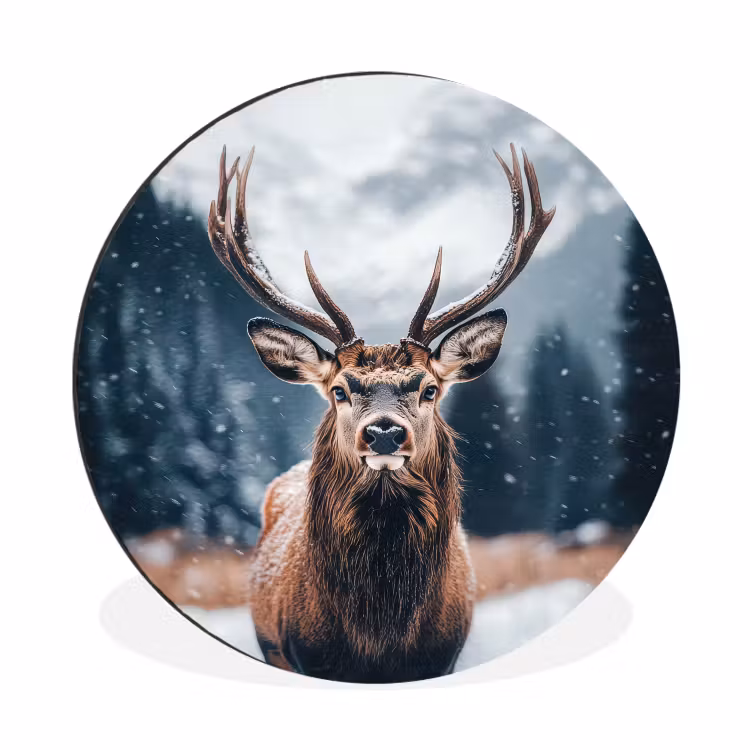 Wandcirkel - Aluminium - Hert - Dieren - Landschap - Winter - Sneeuw — 1